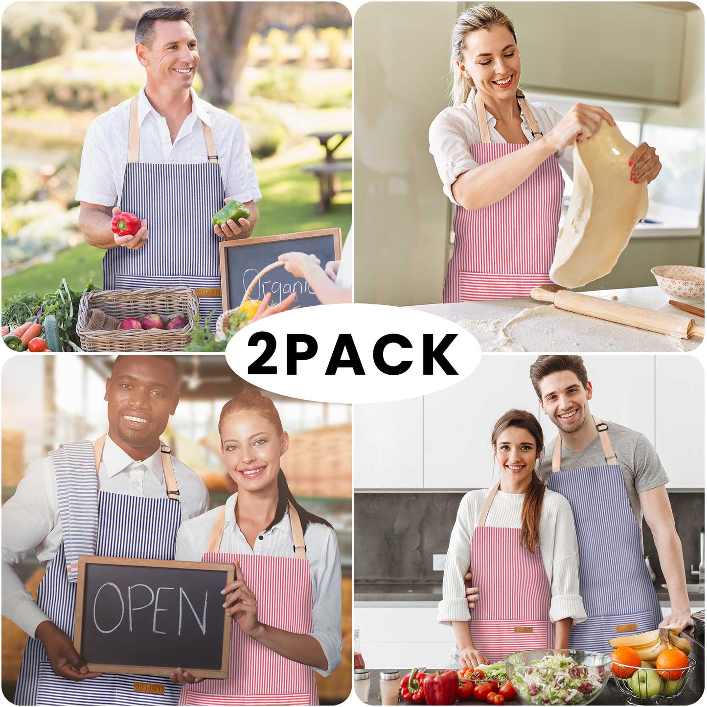 BeLuyi 2 Pack Adjustable Bib Apron with 2 Pockets Chef Cooking Kitchen Restaurant Aprons for Women Men