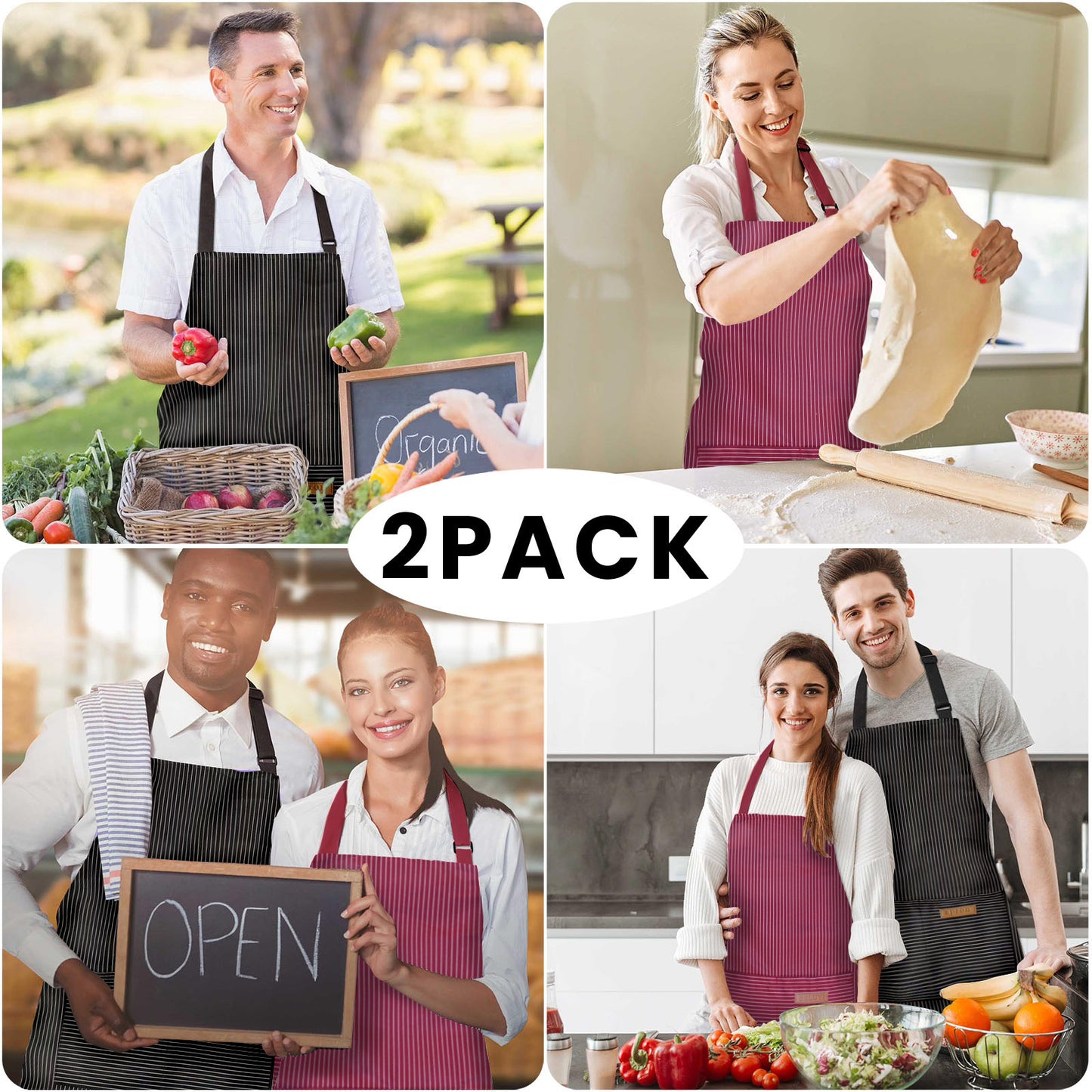 BeLuyi 2 Pack Adjustable Bib Apron with 2 Pockets Chef Cooking Kitchen Restaurant Aprons for Women Men