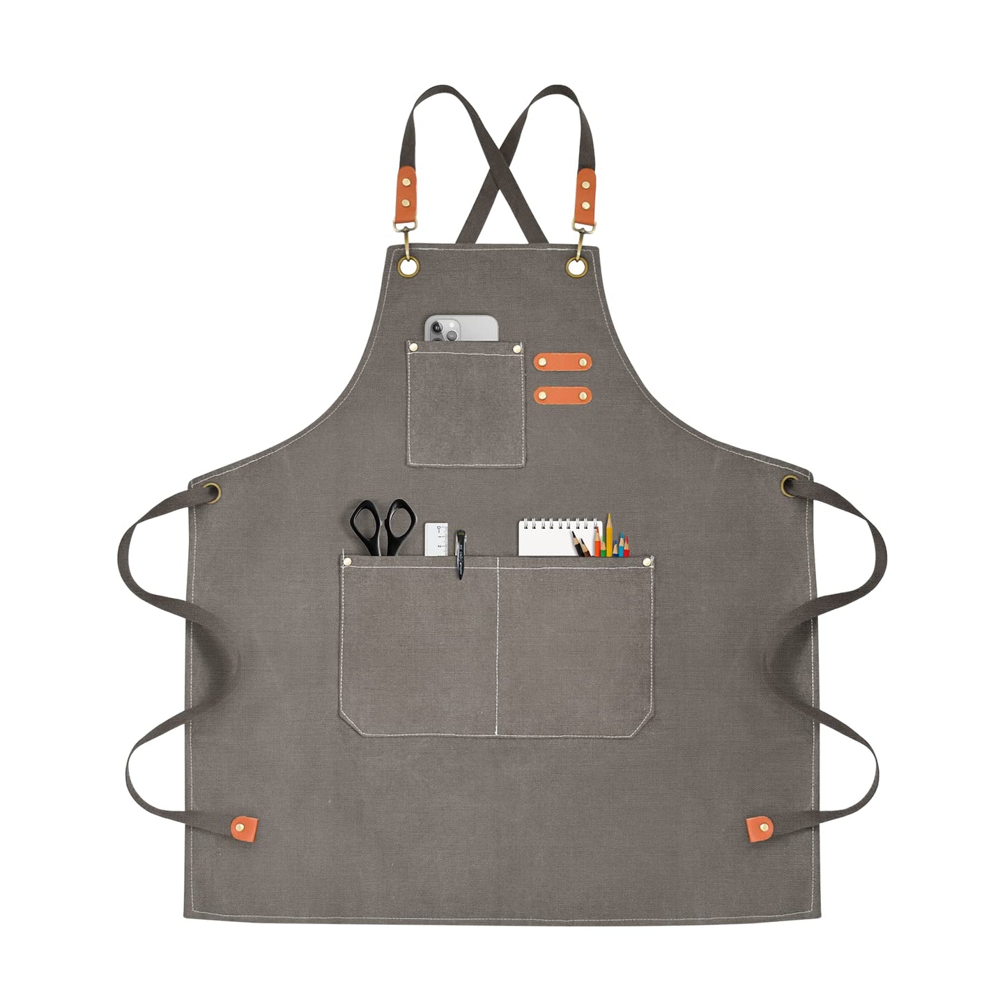 OUNLEN Chef Apron for Men Women Canvas Aprons with 3 Pockets Cross Back Resistant Work Apron for Cooking Grilling Baking BBQ Barber Kitchen