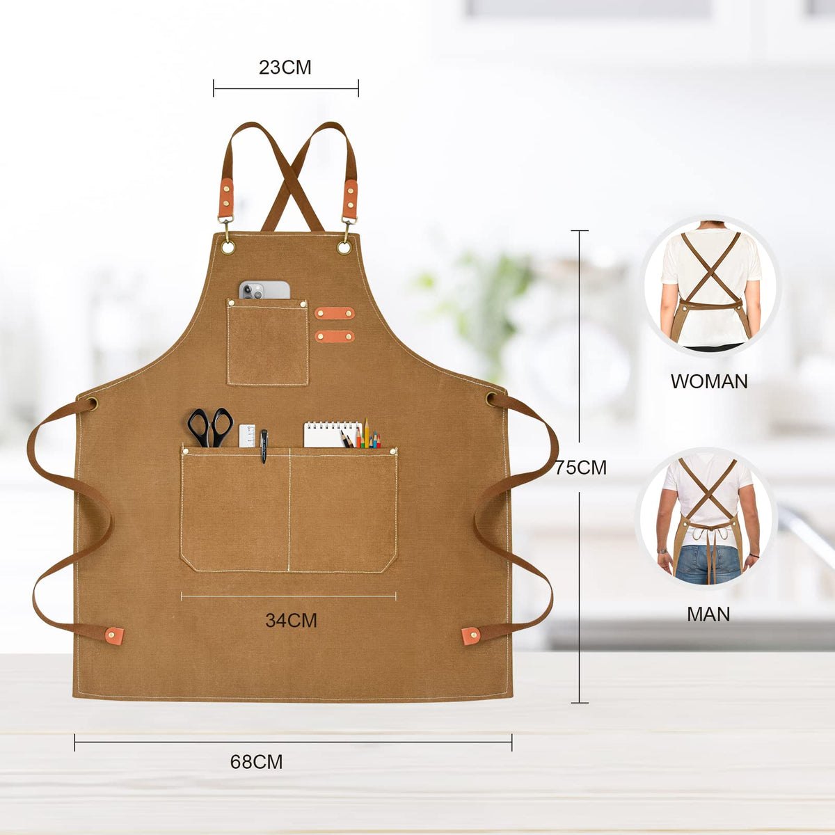 OUNLEN Chef Apron for Men Women Canvas Aprons with 3 Pockets Cross Back Resistant Work Apron for Cooking Grilling Baking BBQ Barber Kitchen