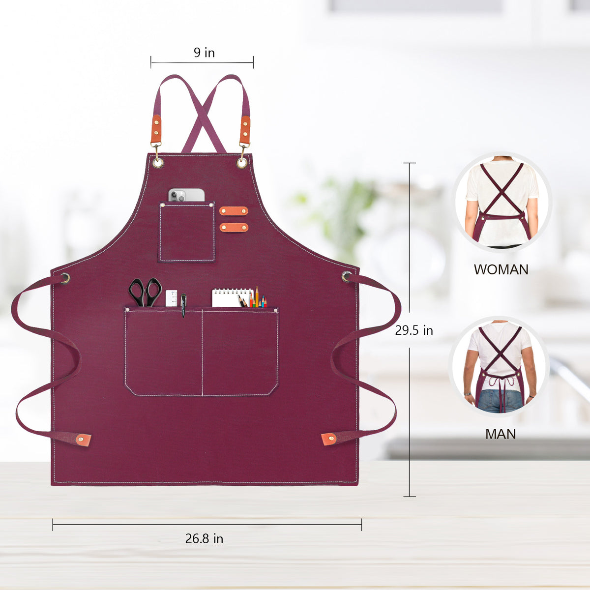 OUNLEN Chef Apron for Men Women Canvas Aprons with 3 Pockets Cross Back Resistant Work Apron for Cooking Grilling Baking BBQ Barber Kitchen