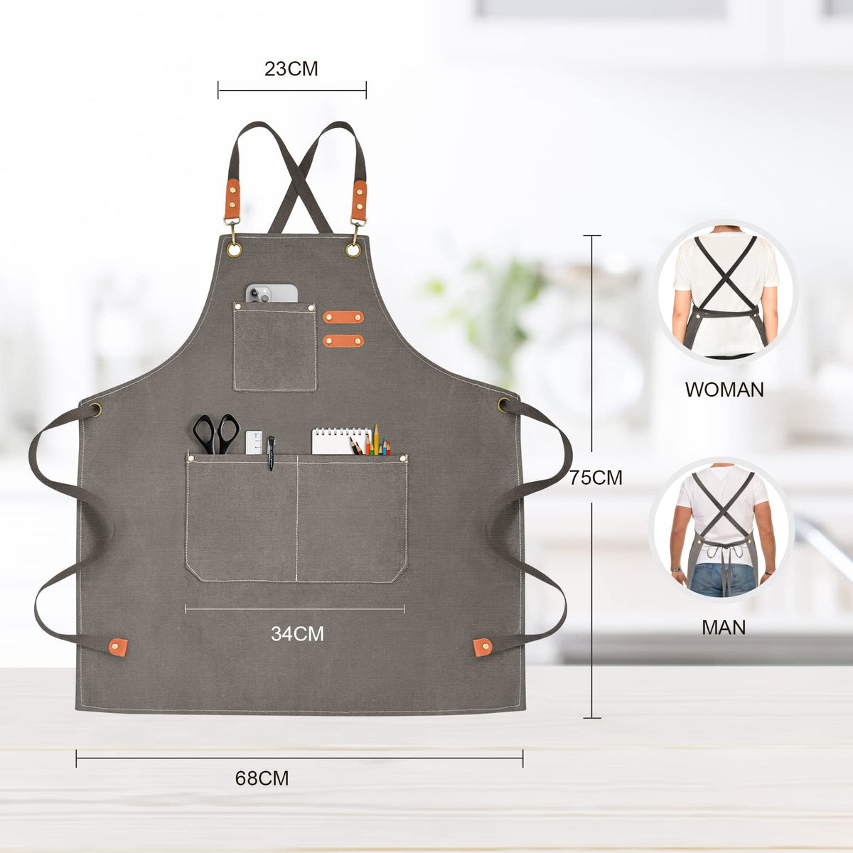 OUNLEN Chef Apron for Men Women Canvas Aprons with 3 Pockets Cross Back Resistant Work Apron for Cooking Grilling Baking BBQ Barber Kitchen