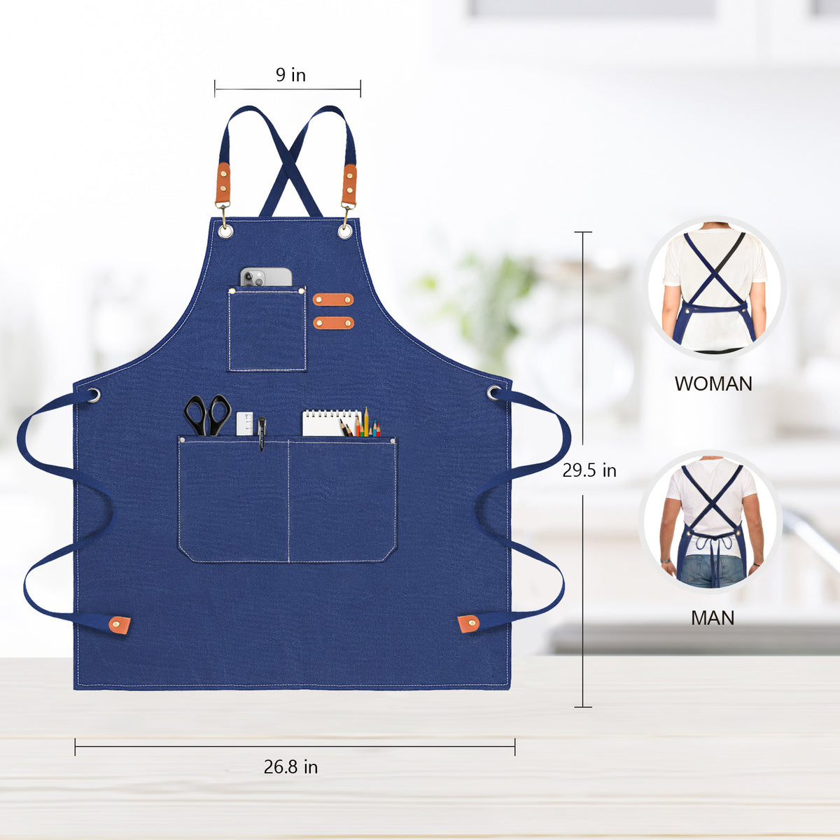 OUNLEN Chef Apron for Men Women Canvas Aprons with 3 Pockets Cross Back Resistant Work Apron for Cooking Grilling Baking BBQ Barber Kitchen