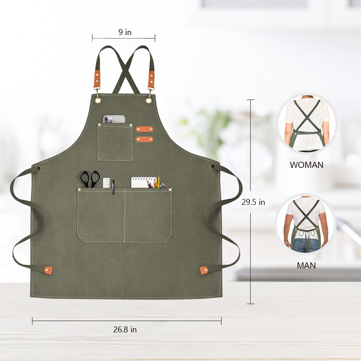 OUNLEN Chef Apron for Men Women Canvas Aprons with 3 Pockets Cross Back Resistant Work Apron for Cooking Grilling Baking BBQ Barber Kitchen