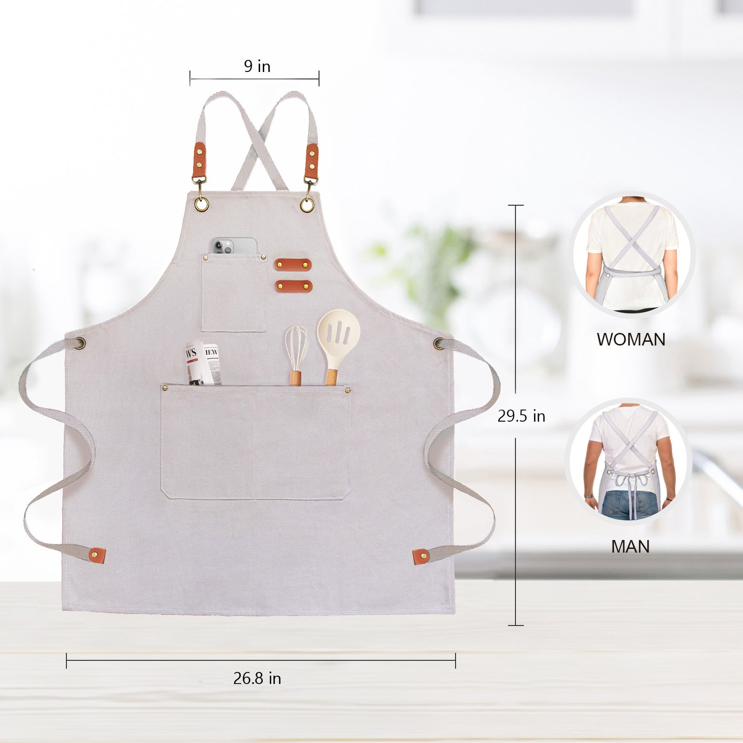 OUNLEN Chef Apron for Men Women Canvas Aprons with 3 Pockets Cross Back Resistant Work Apron for Cooking Grilling Baking BBQ Barber Kitchen