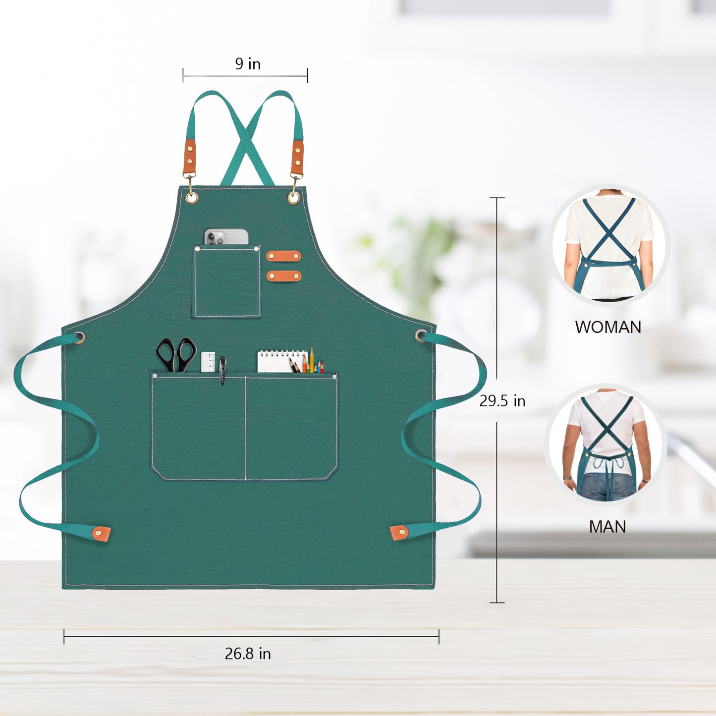 OUNLEN Chef Apron for Men Women Canvas Aprons with 3 Pockets Cross Back Resistant Work Apron for Cooking Grilling Baking BBQ Barber Kitchen