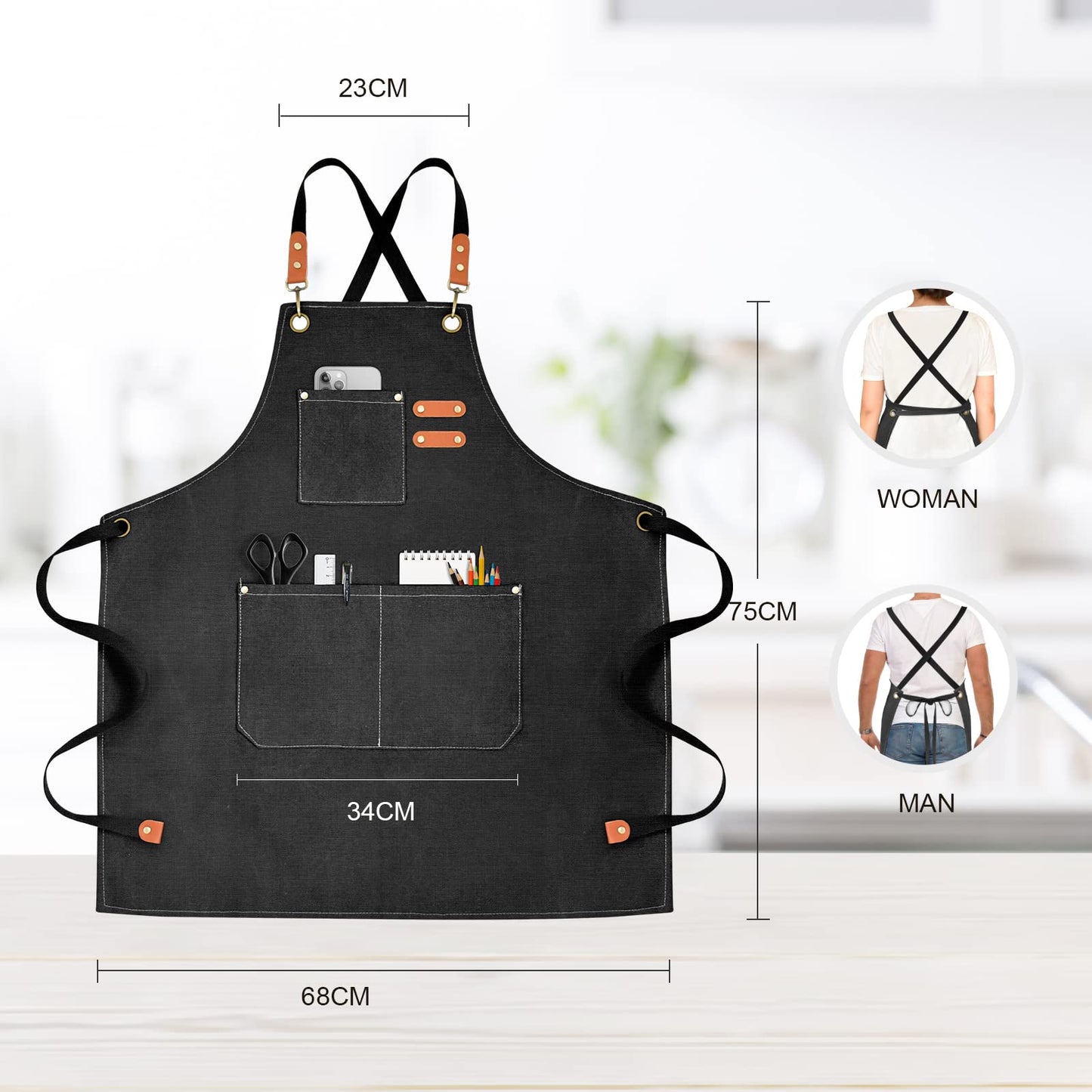 OUNLEN Chef Apron for Men Women Canvas Aprons with 3 Pockets Cross Back Resistant Work Apron for Cooking Grilling Baking BBQ Barber Kitchen