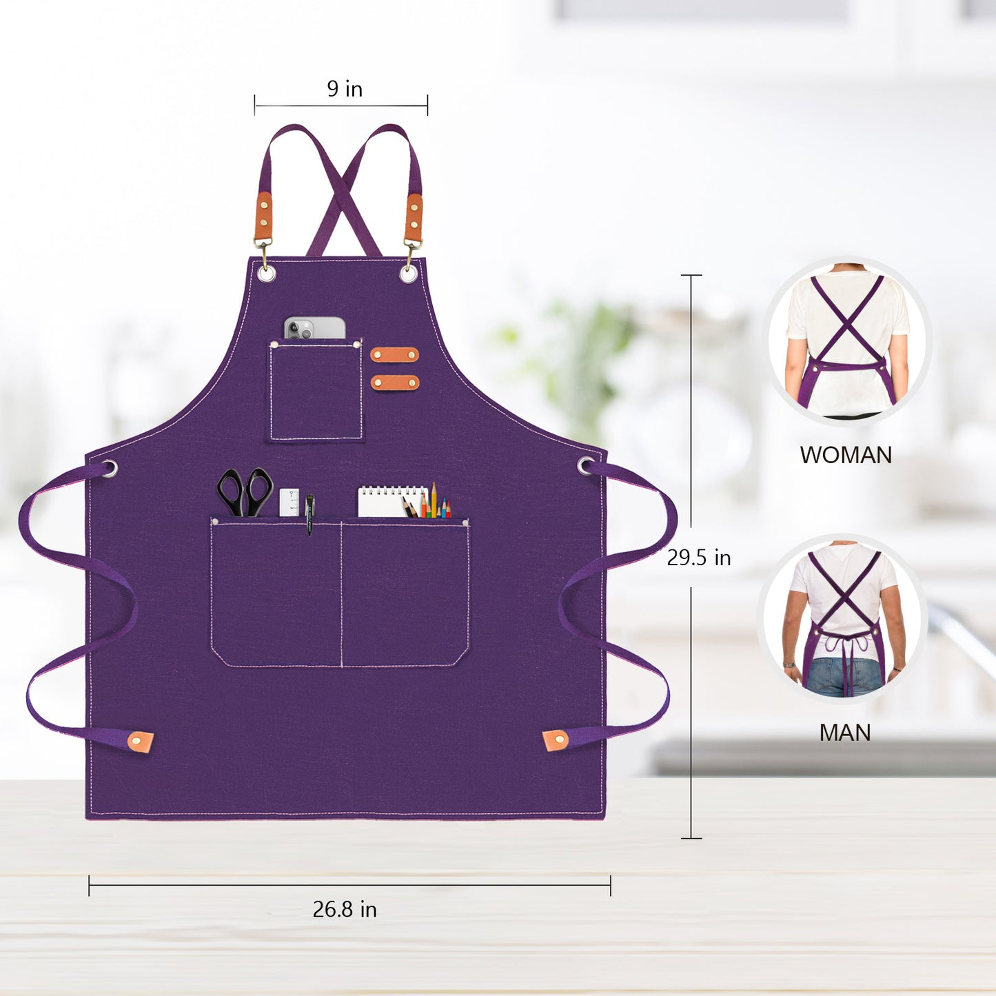 OUNLEN Chef Apron for Men Women Canvas Aprons with 3 Pockets Cross Back Resistant Work Apron for Cooking Grilling Baking BBQ Barber Kitchen