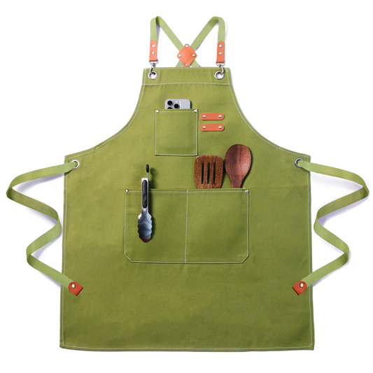 Chef Apron for Men Women with Pockets,Cross Back Cotton Canvas Plus Size Apron for Cooking BBQ Baking Gardening