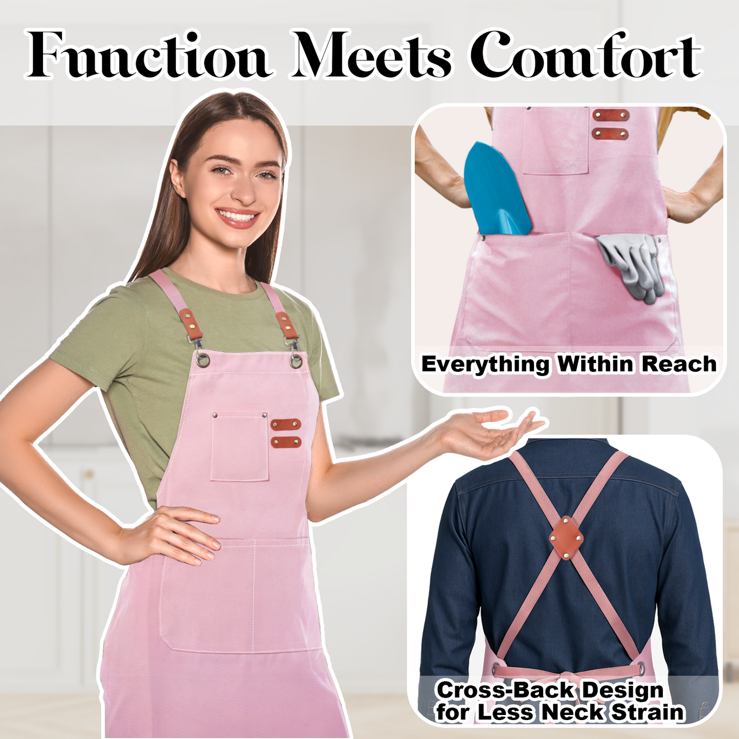 Chef Apron for Men Women with Pockets,Cross Back Cotton Canvas Plus Size Apron for Cooking BBQ Baking Gardening
