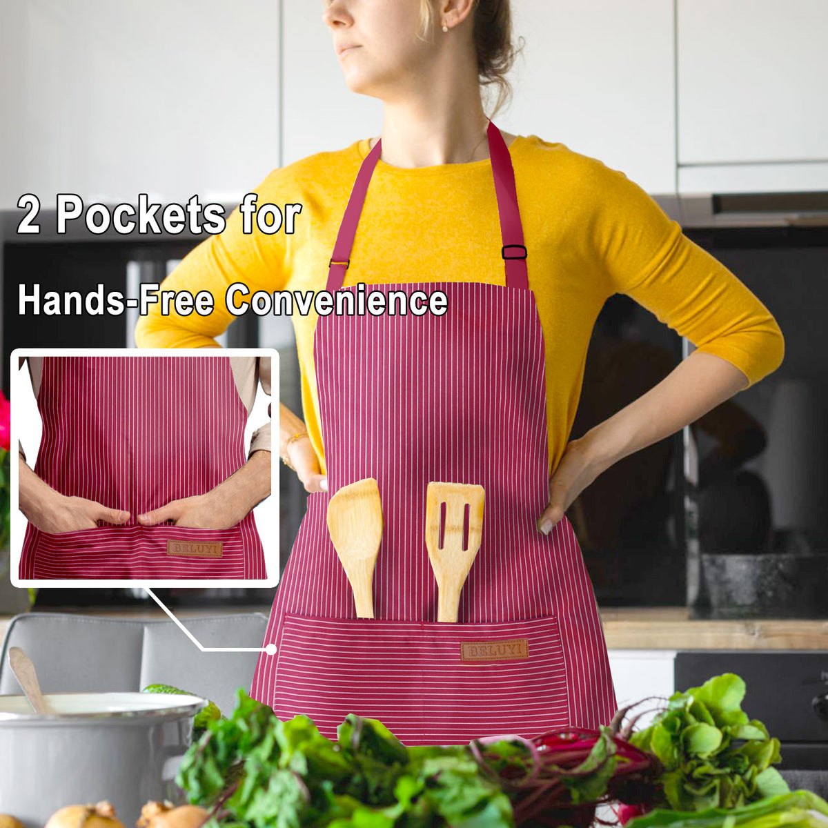BeLuyi Adjustable Bib Apron with 2 Pockets Chef Cooking Kitchen Restaurant Aprons for Women Men