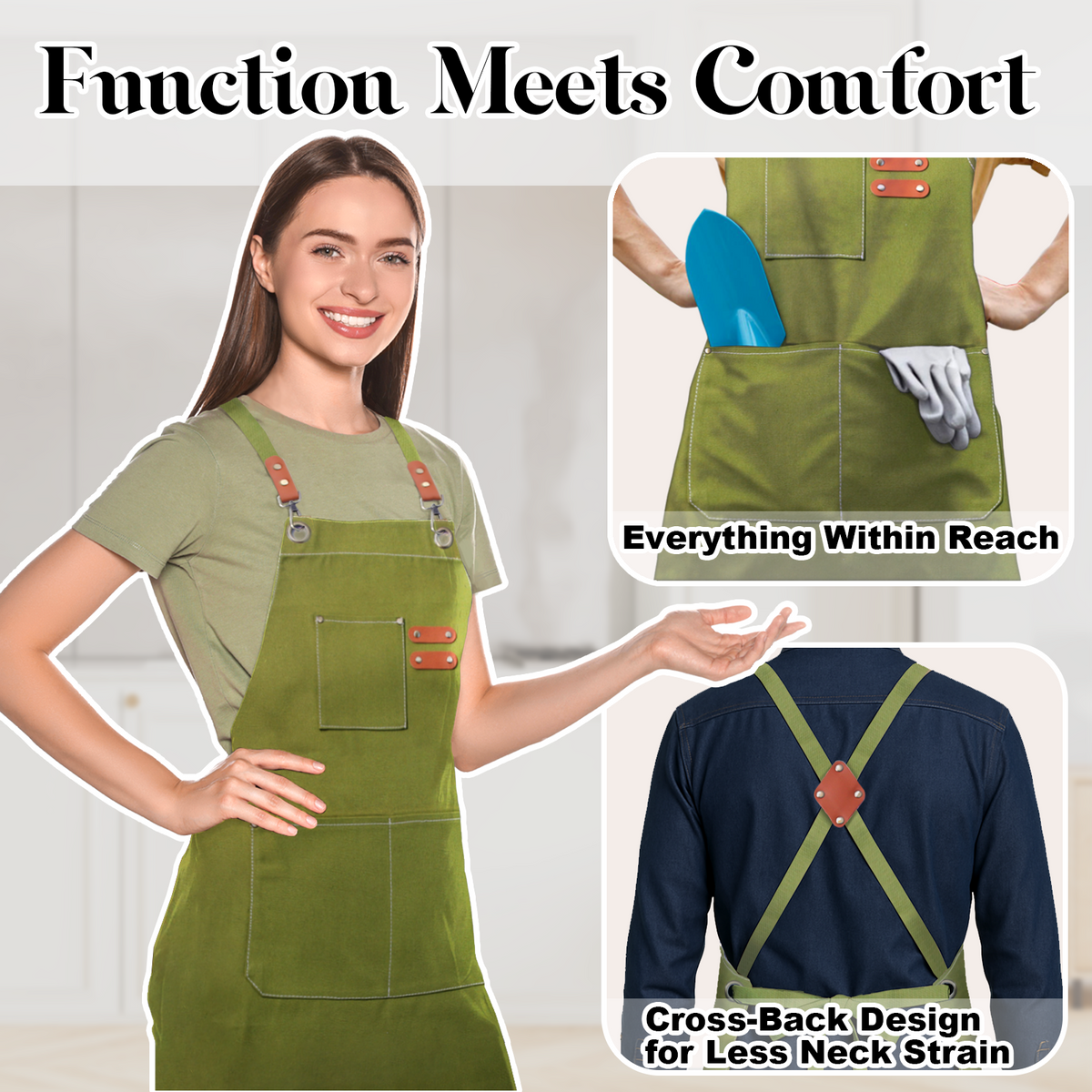 Chef Apron for Men Women with Pockets,Cross Back Cotton Canvas Plus Size Apron for Cooking BBQ Baking Gardening