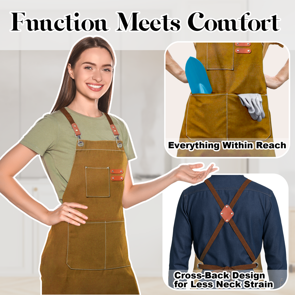 Chef Apron for Men Women with Pockets,Cross Back Cotton Canvas Plus Size Apron for Cooking BBQ Baking Gardening