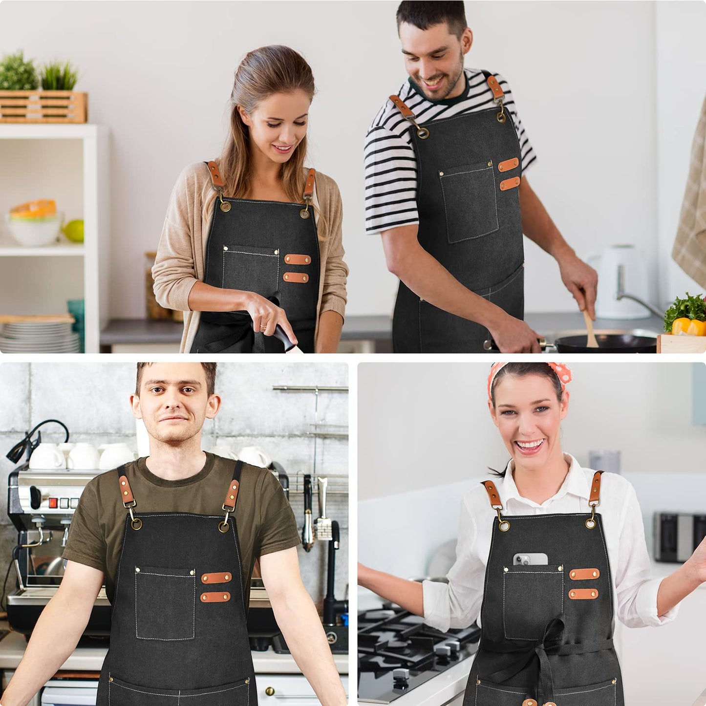 OUNLEN Chef Apron for Men Women Canvas Aprons with 3 Pockets Cross Back Resistant Work Apron for Cooking Grilling Baking BBQ Barber Kitchen