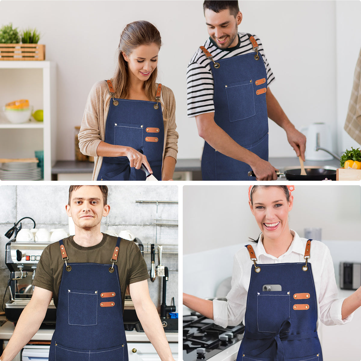 OUNLEN Chef Apron for Men Women Canvas Aprons with 3 Pockets Cross Back Resistant Work Apron for Cooking Grilling Baking BBQ Barber Kitchen