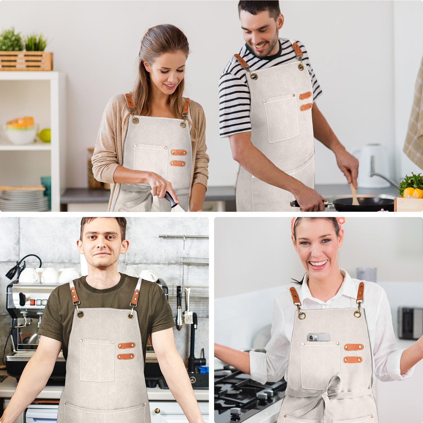OUNLEN Chef Apron for Men Women Canvas Aprons with 3 Pockets Cross Back Resistant Work Apron for Cooking Grilling Baking BBQ Barber Kitchen