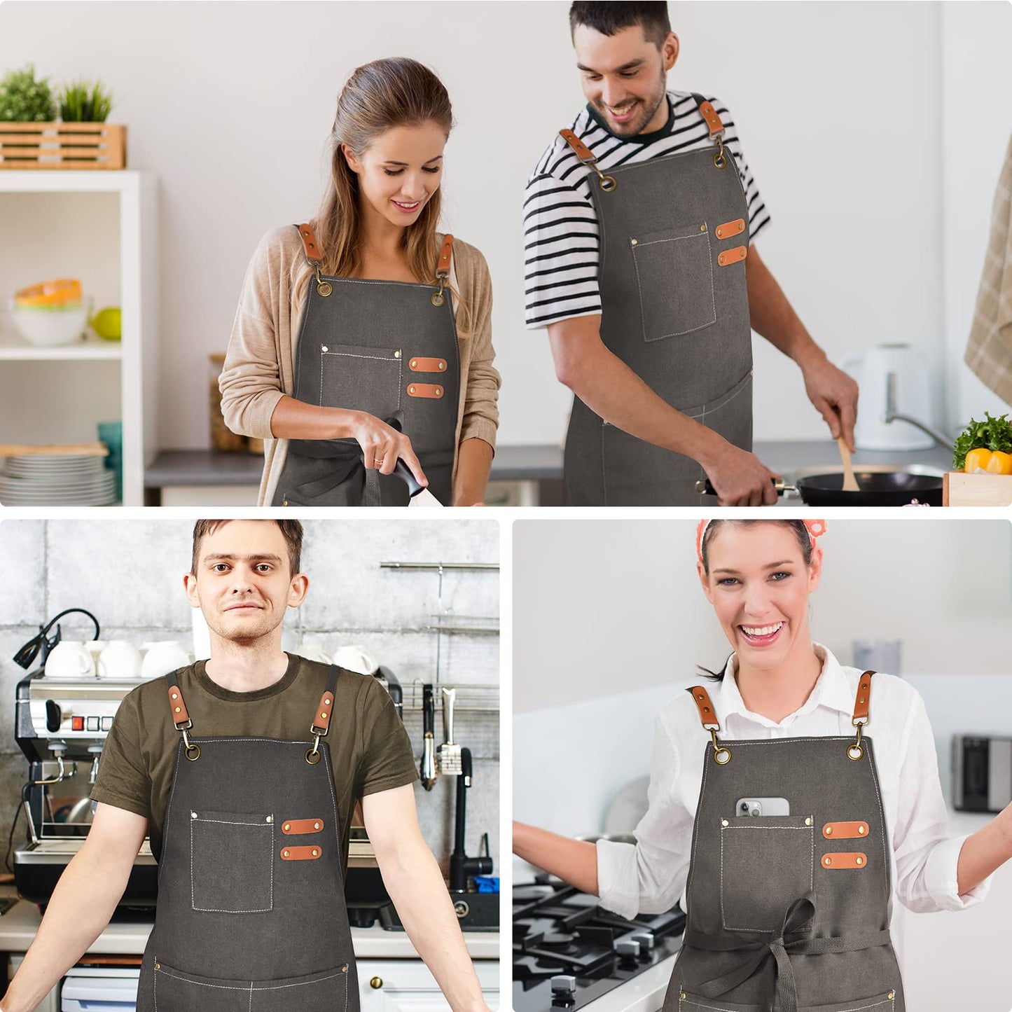 OUNLEN Chef Apron for Men Women Canvas Aprons with 3 Pockets Cross Back Resistant Work Apron for Cooking Grilling Baking BBQ Barber Kitchen