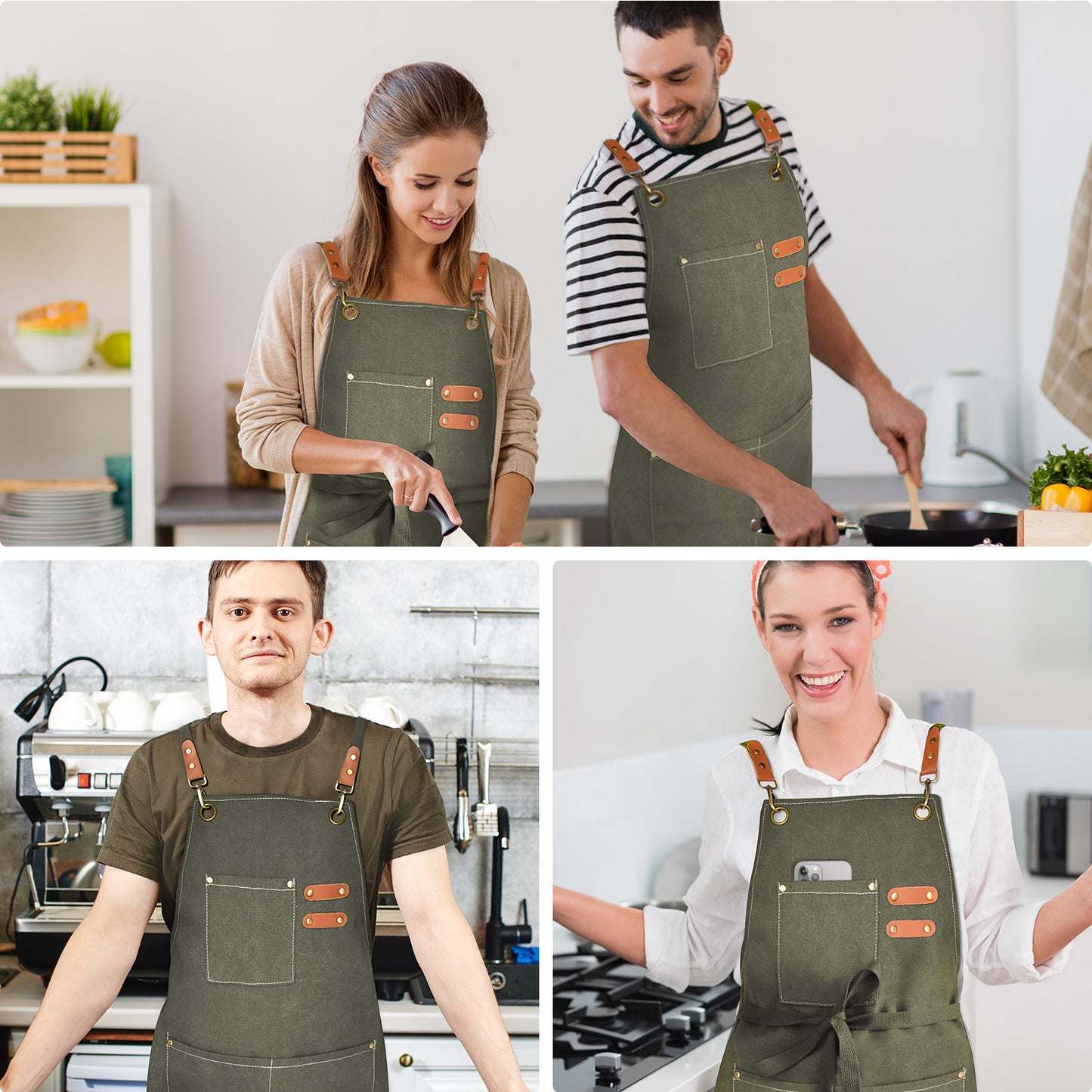 OUNLEN Chef Apron for Men Women Canvas Aprons with 3 Pockets Cross Back Resistant Work Apron for Cooking Grilling Baking BBQ Barber Kitchen