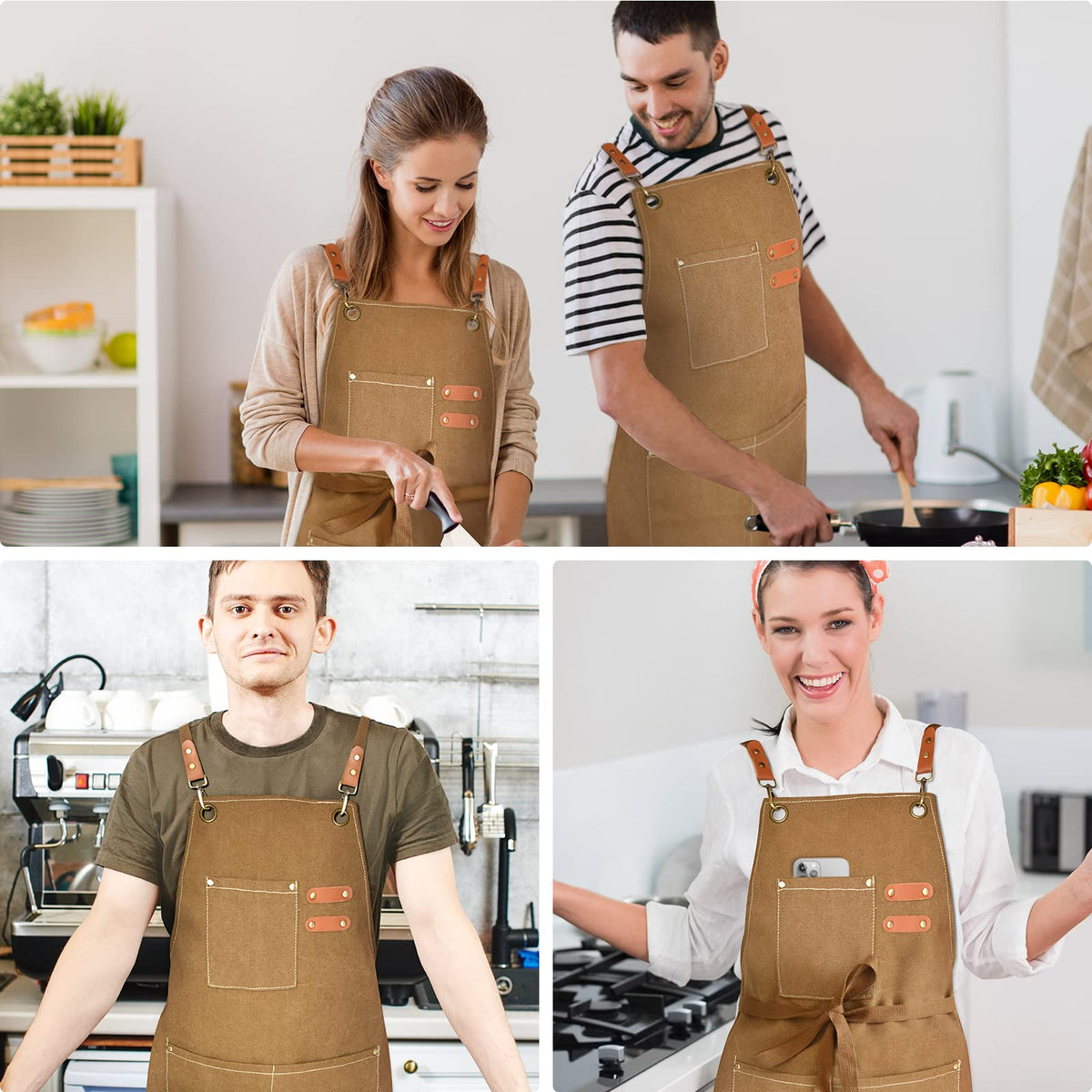 OUNLEN Chef Apron for Men Women Canvas Aprons with 3 Pockets Cross Back Resistant Work Apron for Cooking Grilling Baking BBQ Barber Kitchen