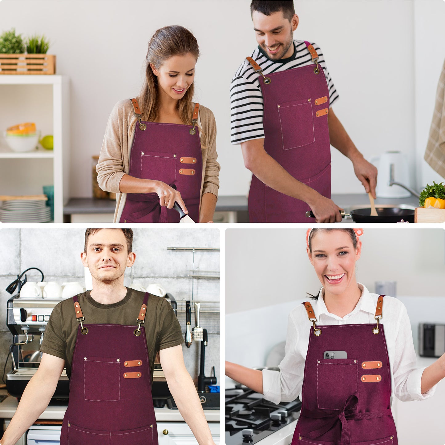 OUNLEN Chef Apron for Men Women Canvas Aprons with 3 Pockets Cross Back Resistant Work Apron for Cooking Grilling Baking BBQ Barber Kitchen