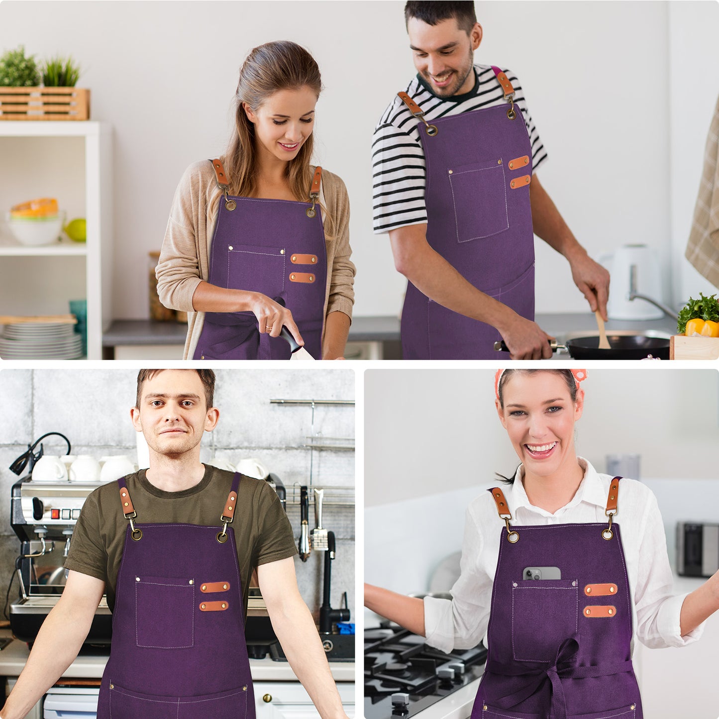 OUNLEN Chef Apron for Men Women Canvas Aprons with 3 Pockets Cross Back Resistant Work Apron for Cooking Grilling Baking BBQ Barber Kitchen