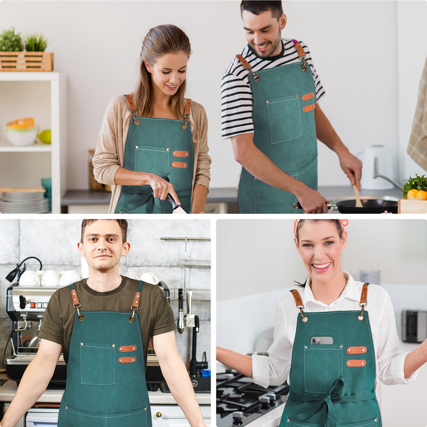 OUNLEN Chef Apron for Men Women Canvas Aprons with 3 Pockets Cross Back Resistant Work Apron for Cooking Grilling Baking BBQ Barber Kitchen
