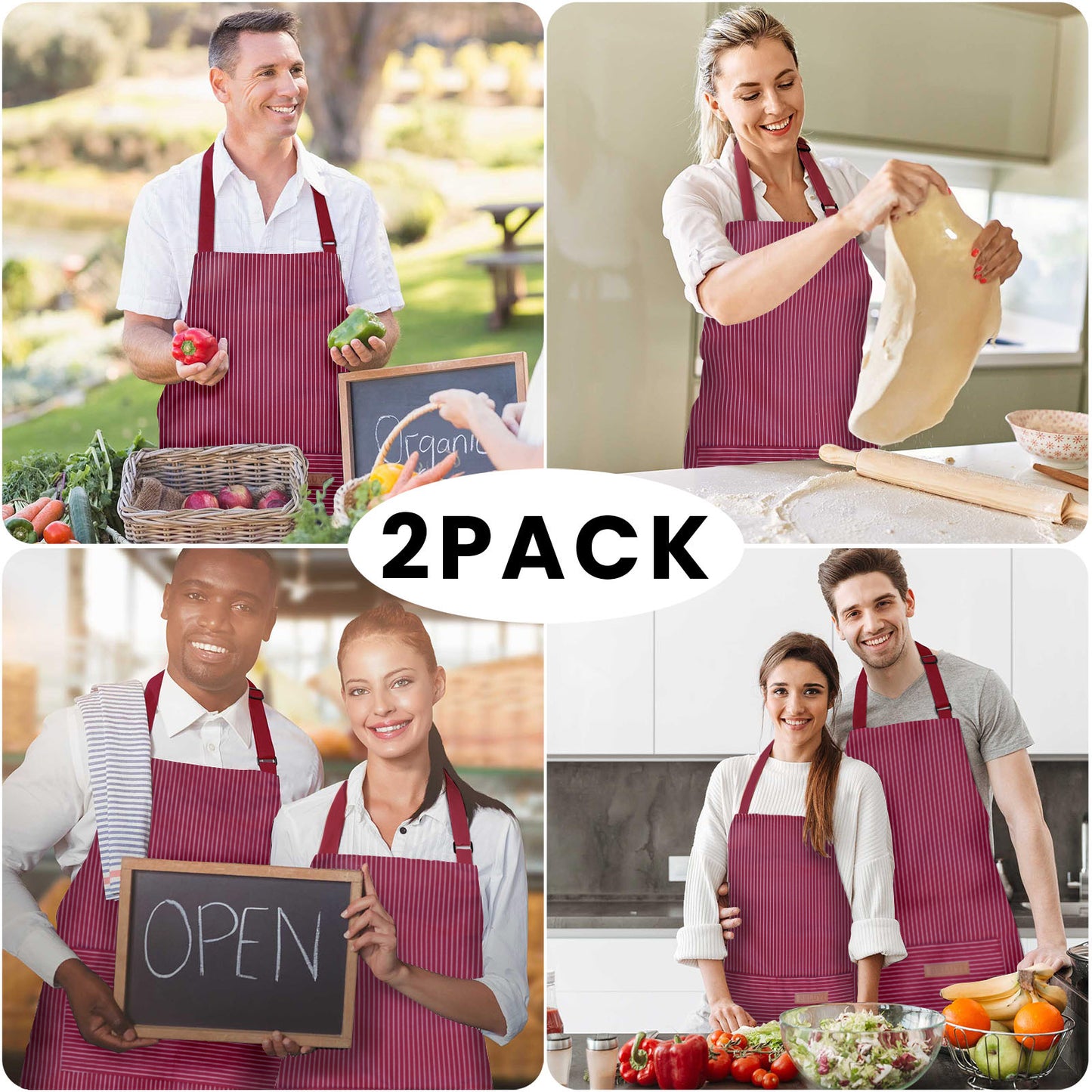 BeLuyi 2 Pack Adjustable Bib Apron with 2 Pockets Chef Cooking Kitchen Restaurant Aprons for Women Men