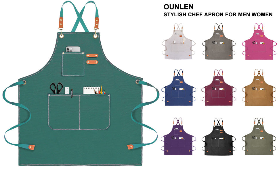 OUNLEN Chef Apron for Men Women Canvas Aprons with 3 Pockets Cross Back Resistant Work Apron for Cooking Grilling Baking BBQ Barber Kitchen