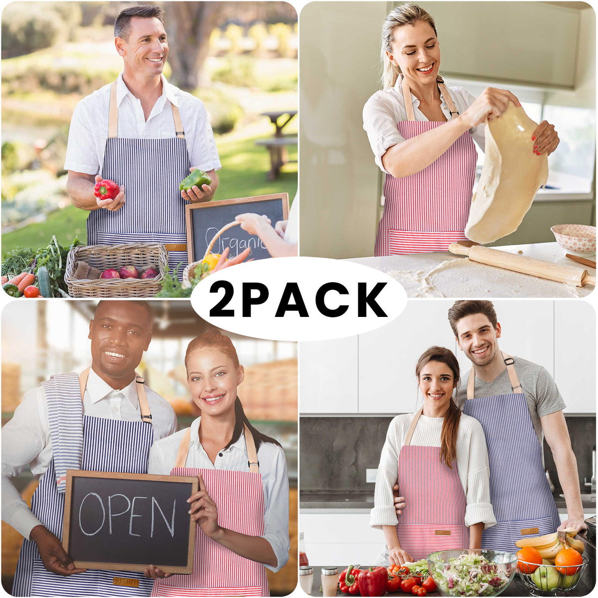 BeLuyi 2 Pack Adjustable Bib Apron with 2 Pockets Chef Cooking Kitchen Restaurant Aprons for Women Men