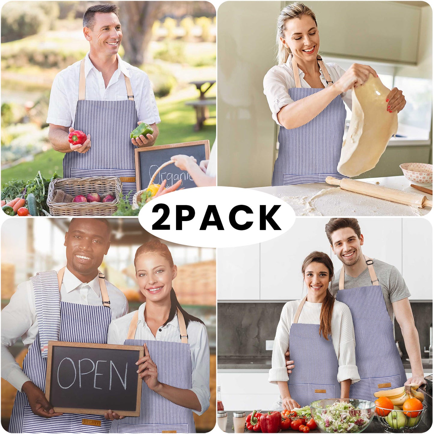BeLuyi 2 Pack Adjustable Bib Apron with 2 Pockets Chef Cooking Kitchen Restaurant Aprons for Women Men
