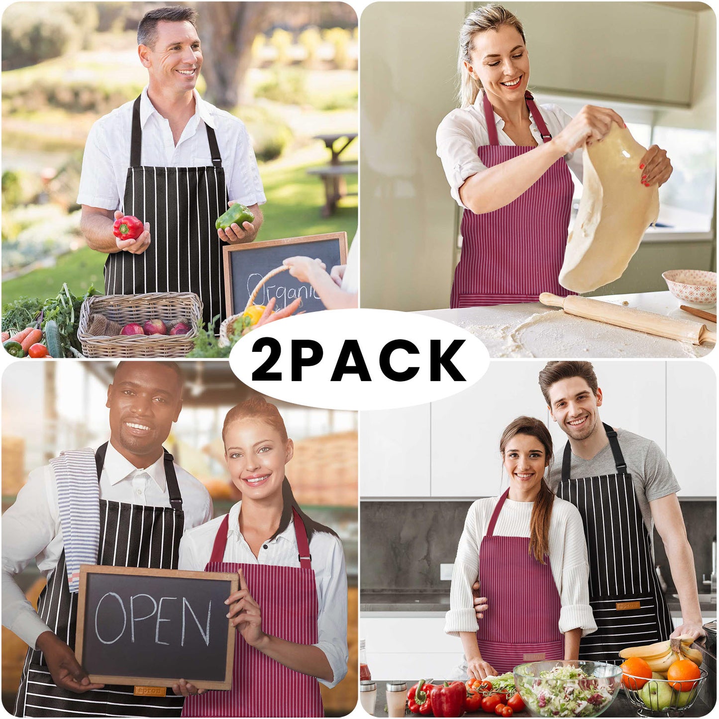BeLuyi 2 Pack Adjustable Bib Apron with 2 Pockets Chef Cooking Kitchen Restaurant Aprons for Women Men