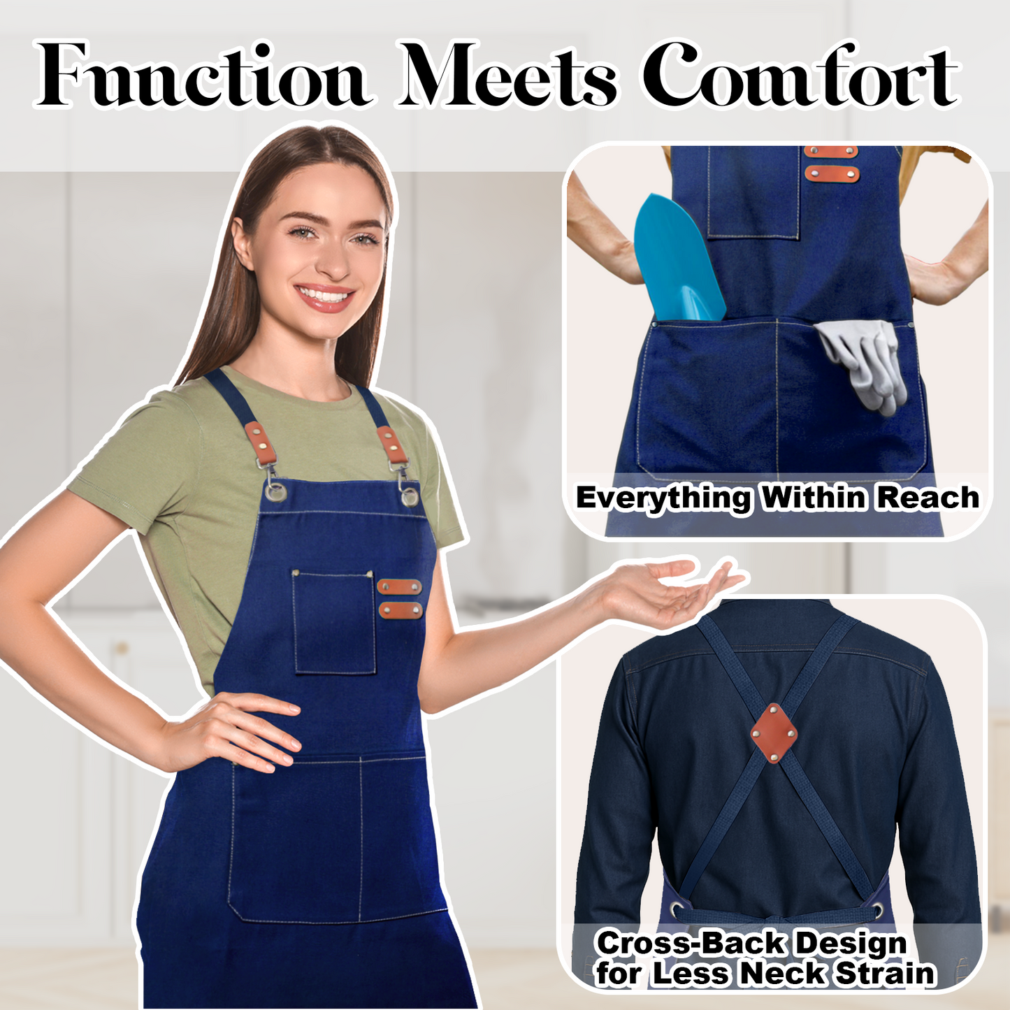 Chef Apron for Men Women with Pockets,Cross Back Cotton Canvas Plus Size Apron for Cooking BBQ Baking Gardening