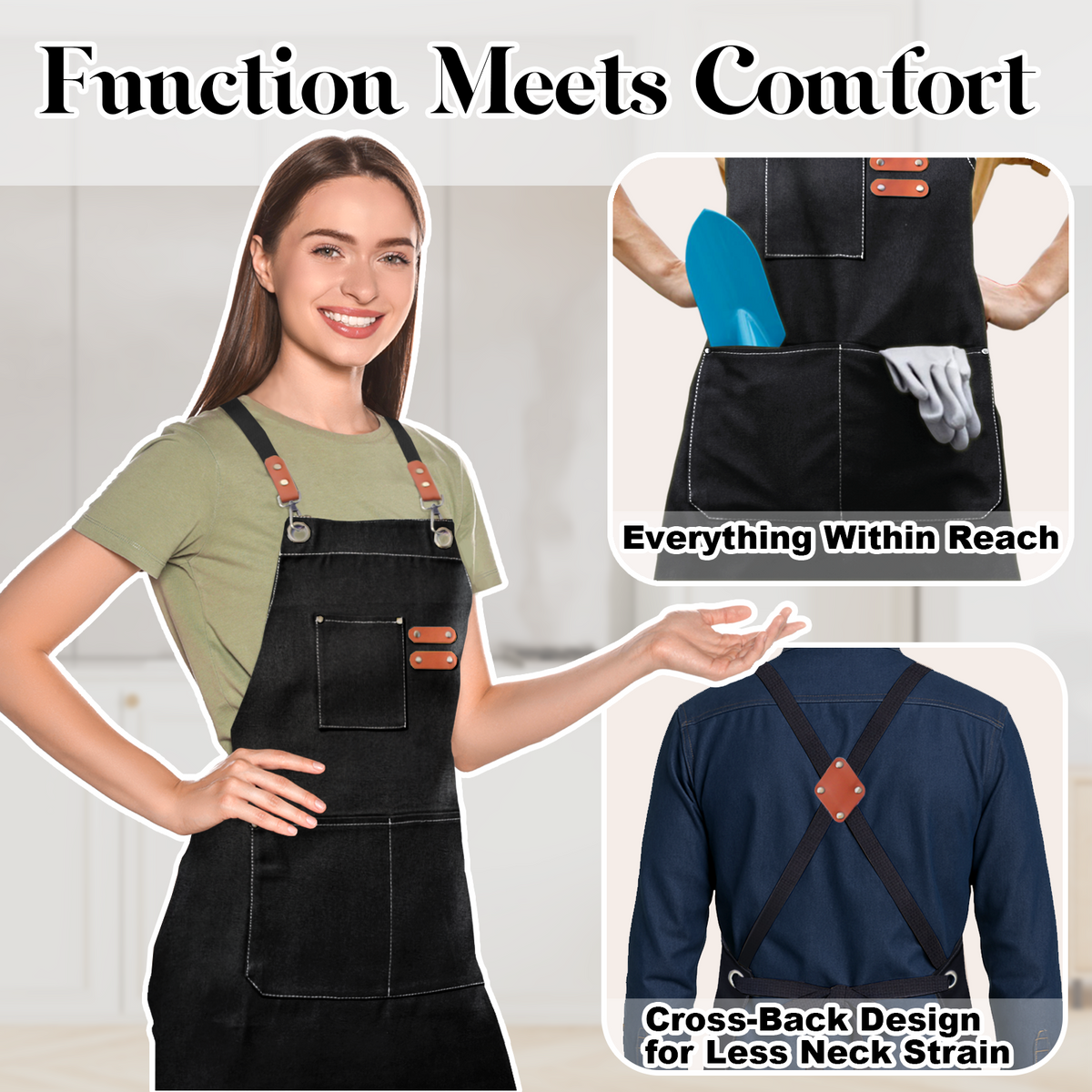 Chef Apron for Men Women with Pockets,Cross Back Cotton Canvas Plus Size Apron for Cooking BBQ Baking Gardening