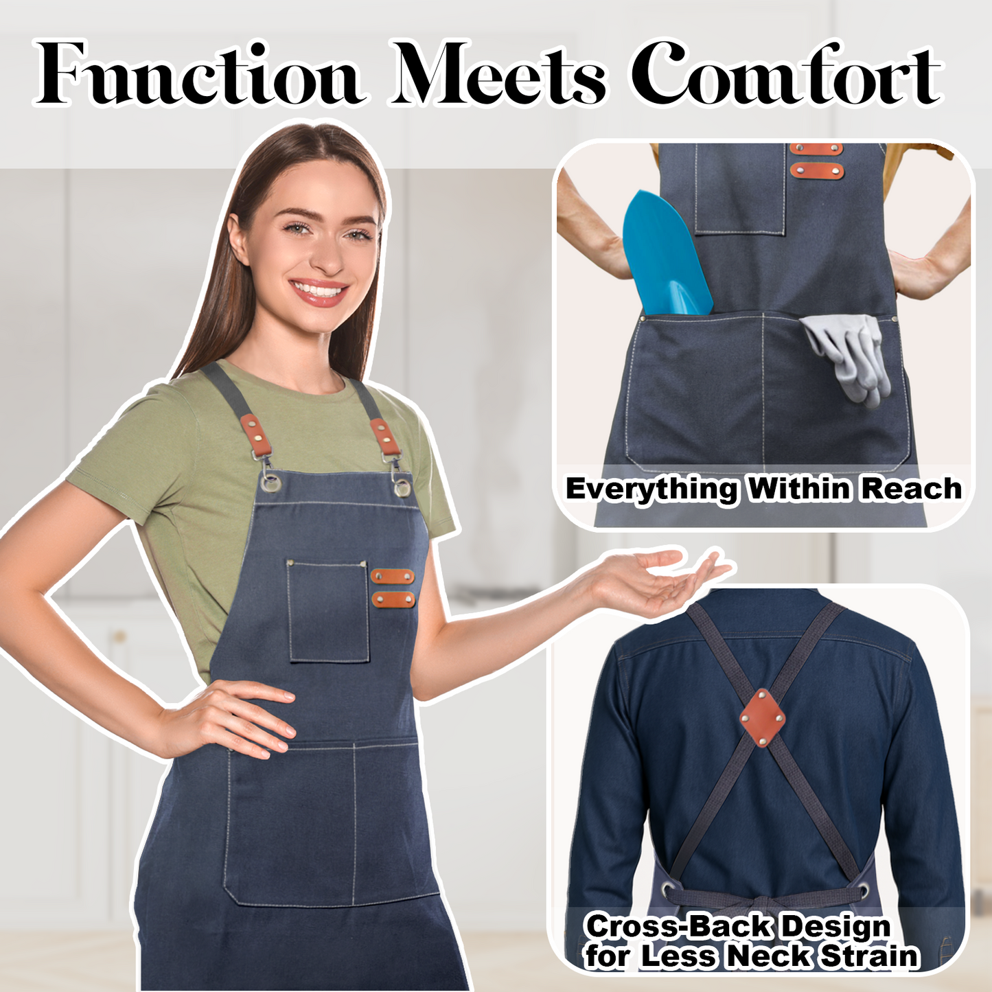 Chef Apron for Men Women with Pockets,Cross Back Cotton Canvas Plus Size Apron for Cooking BBQ Baking Gardening